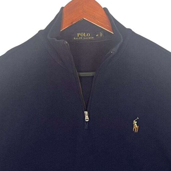 Polo Ralph Lauren 1/4 Zip Sweater Mens Medium Blue Classic Flesh Pony Preppy - Picture 2 of 10